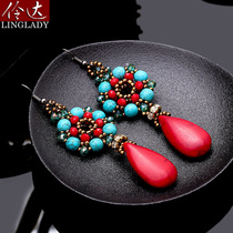 European and American tassel earrings retro National style red and blue earrings female Korean long temperament fashion earrings pine whisper