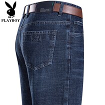 Flowers Playboy Spring Autumn Season Jeans Mens Business Casual Middle Aged Dad Plus Suede Thickened High Waist Men Long Pants