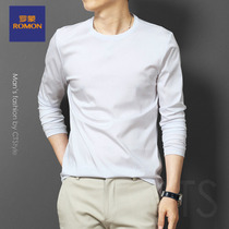 Romon high-end t-shirt mens summer long-sleeved cotton loose mens round neck mercerized cotton ice silk white bottoming shirt tide