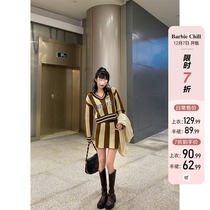 Barbie Aunt Striped Sweater Suit Woman Spring Autumn New Retro Knitted Sweatshirt Blouse Jacket Hip half body dress Two sets