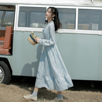Blue floral dress women long sleeve skirt 2021 new spring and autumn hipster first love sweet dress