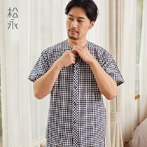 Matsuyong summer mens cotton pajamas thin short-sleeved trousers fine check set loose size casual home wear