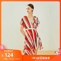 Lily summer New irregular Stripe Ruffle waist V-neck short sleeve dress 119250C7124