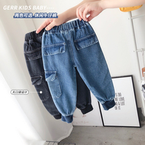 (Childrens products)Korean childrens 2020 autumn washed jeans Anime characters embroidered trousers pocket overalls