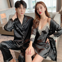 Japanese couple pajamas womens summer ice thin silk nightdress Spring and Autumn long sleeved robe mens home wear suit