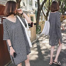 Hong Kong trendy brand plus size womens casual dress fat sister loose and lazy mid-length striped V-neck short-sleeved T-shirt