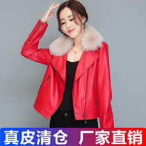 Haining leather leather clothing womens short autumn and winter new sheepskin motorcycle leather jacket fox hair collar womens small coat