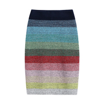 LILY winter new womens color striped elastic waist medium long bag hip skirt knitted skirt 6702