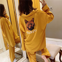 Spring and Autumn Day long sleeve pajamas female Korean sweet cute cat home clothes plus fat size fat mm200 kg set