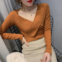 Sexy V collar undershirt woman 2020 spring autumn new body 100 lap design sensation crossed long sleeve t-shirt with female damp