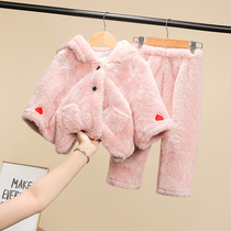 Girls flannel pajamas set hooded autumn and winter children plus velvet home clothing baby thickened two-piece set