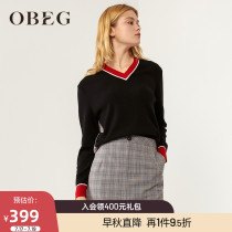 OBEG Obi Qianqiu new contrast color V-neck pullover sweater silk scarf printing stitching sweater 1091022