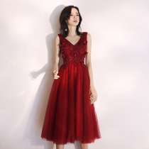 Wedding toast dress 2021 summer thin mid-length v-neck red evening dress skirt female back door dress bridal large size