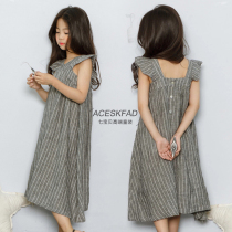 Summer womens striped backless sling dress in the big childrens loose ruffles flying sleeves beach dress childrens long skirt