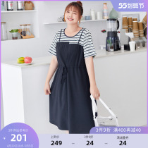 MsShe Big Code Womens Dress 2022 New Summer Dress Fat Mm Vitality Collision Color Long Dress Striped Fake Two Dress Dresses