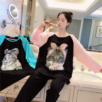Spring and autumn long sleeve pajamas women cotton sweet cute cat home clothes large size fat mm200 kg two sets