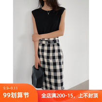 Handsome bird belt belt style back slit check line slim commuter casual skirt new womens new beauty warehouse limit