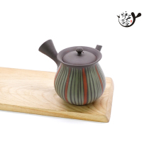Japan imported often slippery burnt to build green peak bag-shaped striped horizontal hand emergency teapot Japanese tea ceremony zero with wooden box