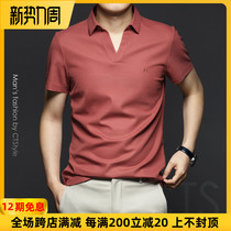  Mens V-neck short-sleeved summer new mercerized cotton T-shirt solid color pure cotton ice silk lapel gentleman business POLO shirt men