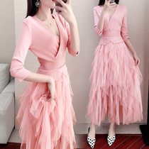 Knitted base dress womens fashion 2021 spring and autumn new waist thin temperament small fragrance long skirt