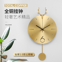 Light luxury pure copper deer head quartz clock Wall clock Living room creative European watch Vintage American decorative hanging watch Mute