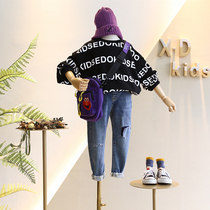 Brand childrens clothing 2019 autumn new womens clothing Hong Kong style full version letter printing wide version shoulder casual sweater