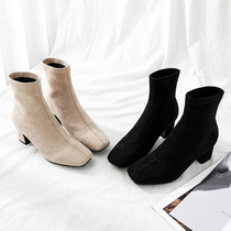 Boots womens 2020 new spring and autumn frosted square head wild thick-heeled thin boots medium-heeled elastic apricot short-barrel boots