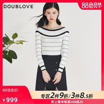 DOUBLOVE Beiai 20 spring and summer new stitching art one-word collar wide striped waist knitted stitching dress