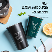 Industrial style Japanese simple 304 stainless steel water cup Fresh forest lace-up cover cup Drinking cup Drop-proof beer cup