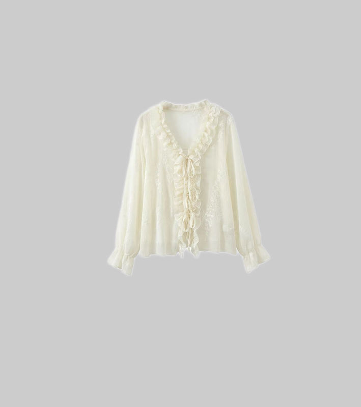 【Jinjin Fan Favorite】"French Embroidery" V-Neck Lace-Up Lace Shirt for Women, New Summer Style, Unique Long Sleeve