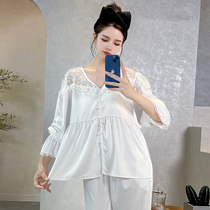 2022 Spring and Autumn New Pajamas Feminine Ice Silk Long-sleeved Net Red Wind Lace Can Be Worn Out Home Clothes Set
