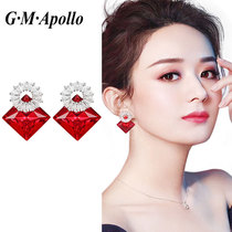 Red stud earrings large fashion temperament Korean super flash crystal earrings Female personality hypoallergenic net red sterling silver earrings