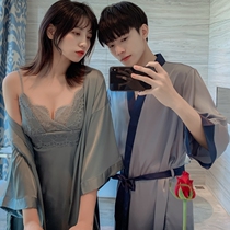 Couple pajamas Womens summer sexy nightgown silk suspender nightgown two-piece set Spring and autumn mens ice silk morning gown home dress