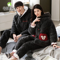 Couples pajamas winter thick coral velvet women with hat cute student warm housewear set men three layers of cotton