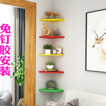 Nail-free corner arc bookshelf Wall-mounted corner kitchen free perforated partition Triangular fan-shaped shelf