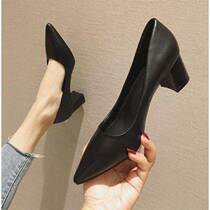 Work shoes womens black professional interview work pointed toe high-heeled shoes womens formal dress thick-heeled moccasins mid-heel shoes autumn
