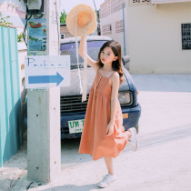 Summer original girl dress 2021 middle and Big Boy solid color cotton loose casual sleeveless holiday suspender dress