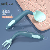 Baby learning to eat training spoon baby tableware green elbow fork spoon can be flexible complementary food spoon set box