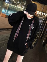 Autumn and winter new Korean bf net red tide brand lazy wind mid-length loose black hooded thick velvet sweater women