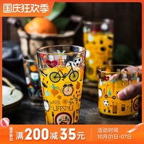 Imported color graffiti lead-free glass water Cup heat-resistant printing round Cup creative teacup mouthwash brush tooth Cup