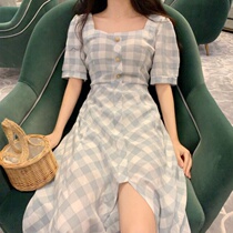 2021 new summer French retro Platycodon grandiflorum Super fairy Mori small fragrant style square collar short sleeve dress summer