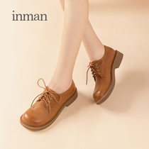 Yinman Womens Shoes 2021 Spring and Autumn New English style small leather shoes Basic flat heel single shoes Joker leather Martin shoes