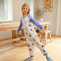 Childrens conjoined pajamas spring and autumn cotton girls long-sleeved kicking jumpsuit little girl Middle Child spring cartoon