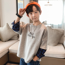 Boys long sleeve T-shirt 2021 autumn new fake two-piece compassionate children Korean version of China big children spring dress tide childrens coat