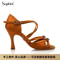 Suphini high-end fashion professional custom black gold satin Lombard samba samba precisely denim Latin dance shoes