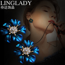 Lingda blue flower ear clip without ear hole female retro celebrity temperament earring clip earrings European and American fashion earrings