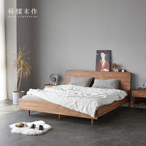 Plain wood for Nordic Day style black walnuts wood double large bed light lavish minimalist with modern full solid wood main bedroom furniture