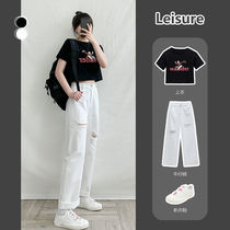 White pants womens spring and autumn loose leg knee hole jeans high waist hanging feeling Korean version of high waist thin pants