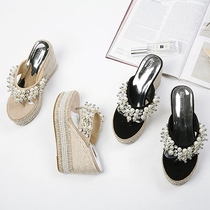 Tide brand 2021 summer New wear slope heel slippers women high heel thick bottom muffin rhinestone Flip-flops women Sandals sandals