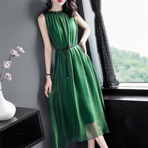 2021 summer new waist thin temperament medium long sleeveless sundress solid color chiffon dress women